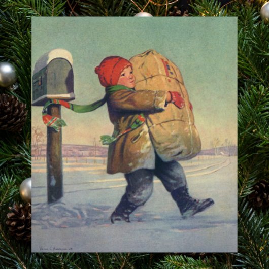 Vintage Kerstmis, kind met groot pakket Poster