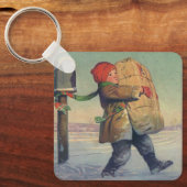 Vintage Kerstmis, kind met groot pakket Sleutelhanger (Voorkant)