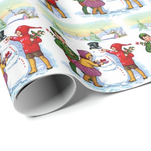 vintage kerstmis kinder en sneeuwpoppetje cadeaupapier (Rol Hoek)
