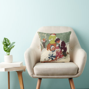 Vintage Kerstmis, kinderen die in de sneeuw slapen Kussen