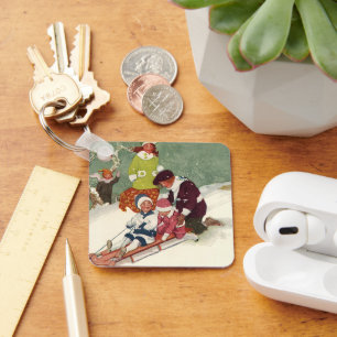 Vintage Kerstmis, kinderen die in de sneeuw slapen Sleutelhanger