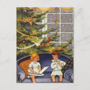 Vintage Kerstmis, kinderen die op een bank zitten Feestdagenkaart