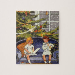 Vintage Kerstmis, kinderen die op een bank zitten Legpuzzel