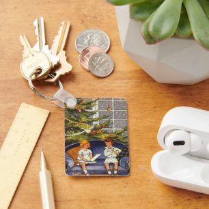 Vintage Kerstmis, kinderen die op een bank zitten Sleutelhanger