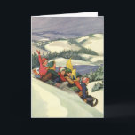 Vintage Kerstmis, kinderen die op een berg slapen Feestdagen Kaart<br><div class="desc">illustratie Sneeuwschapsontwerp voor prettige kerstvakantie met kinderen,  een groep jongens en meisjes die plezier hebben in het neerslaan van een sneeuw bedekte heuvel. Berggebieden,  bomen en een meer vormen dit prachtige winterlandschap. Herinnert me aan winters in Donner in Lake Tahoe.</div>
