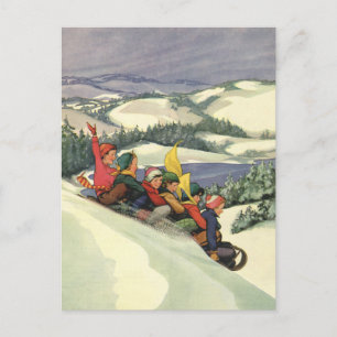 Vintage Kerstmis, kinderen die op een berg slapen Feestdagenkaart