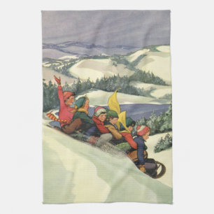 Vintage Kerstmis, kinderen die op een berg slapen Theedoek