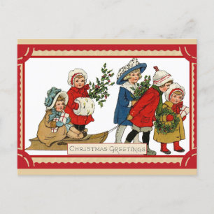 Vintage Kerstmis Kinderen Kinder slee Briefkaart