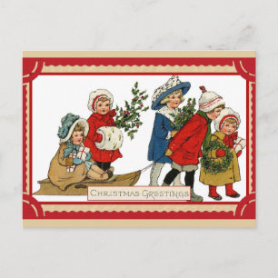 Vintage Kerstmis Kinderen Kinder slee Briefkaart