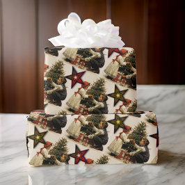 Vintage Kerstmis Kinderen met Sterren en Boom Cadeaupapier