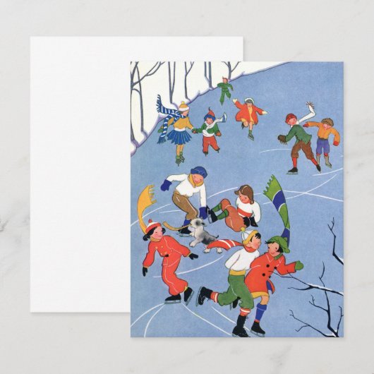 Vintage Kerstmis, kinderen schaatsen uitnodiging (Voorkant / Achterkant)
