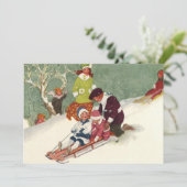 Vintage Kerstmis, kinderen sleeën uitnodiging (Staand voorkant)