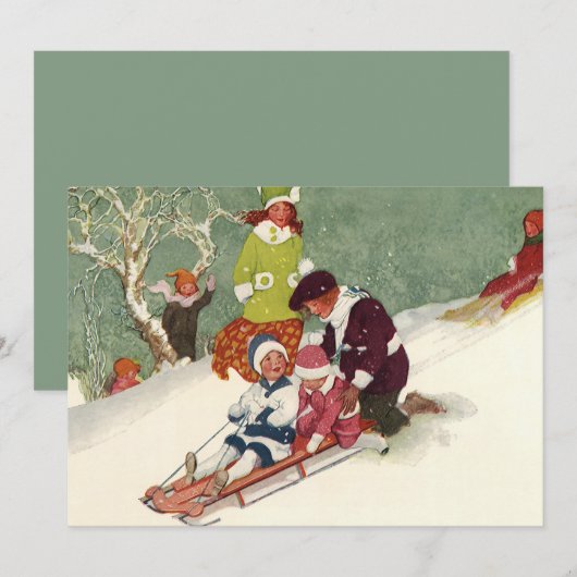 Vintage Kerstmis, kinderen sleeën uitnodiging (Voorkant / Achterkant)