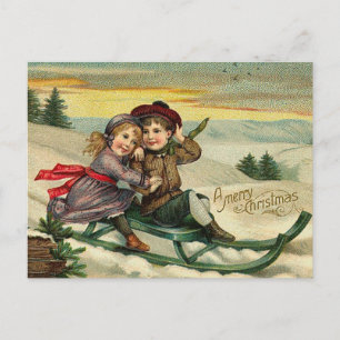 Vintage Kerstmis - Kinderen Winter Scene Feestdagenkaart