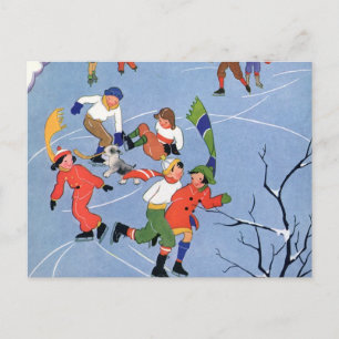 Vintage Kerstmis, Kinderijs Skating op een meer Feestdagenkaart