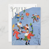 Vintage Kerstmis, Kinderijs Skating op een meer Feestdagenkaart (Voorkant / Achterkant)