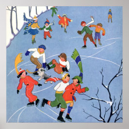 Vintage Kerstmis, Kinderijs Skating op een meer Poster