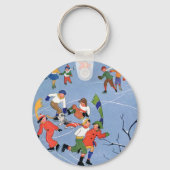 Vintage Kerstmis, Kinderijs Skating op een meer Sleutelhanger (Voorkant)