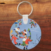 Vintage Kerstmis, Kinderijs Skating op een meer Sleutelhanger (Voorkant)