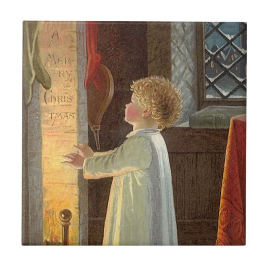 Vintage Kerstmis, kinderopwarming door de Fireplac Tegeltje (Voorkant)