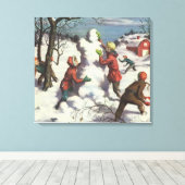 Vintage Kerstmis, Kindersneeuwbalgevecht Canvas Afdruk (Insitu (Houten vloer))