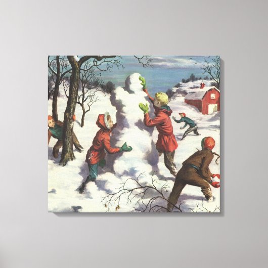 Vintage Kerstmis, Kindersneeuwbalgevecht Canvas Afdruk (Voorkant)