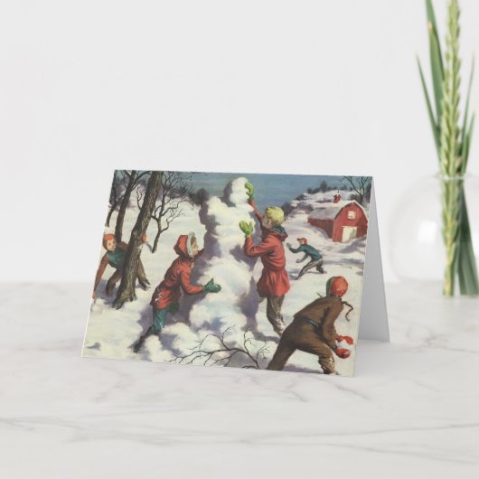 Vintage Kerstmis, Kindersneeuwbalgevecht Feestdagen Kaart (Voorkant)