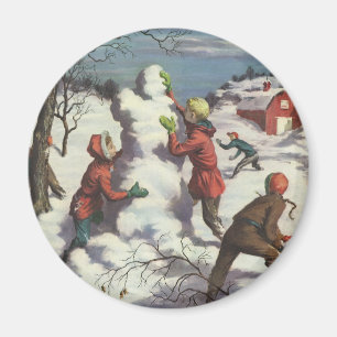 Vintage Kerstmis, Kindersneeuwbalgevecht Magneet