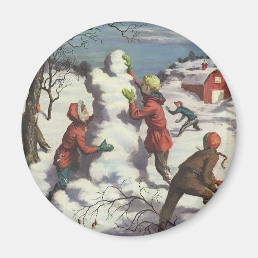 Vintage Kerstmis, Kindersneeuwbalgevecht Magneet (Voorkant)