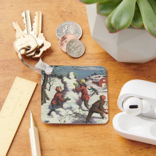 Vintage Kerstmis, Kindersneeuwbalgevecht Sleutelhanger (Bureau)