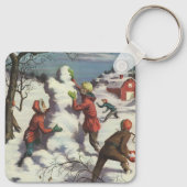 Vintage Kerstmis, Kindersneeuwbalgevecht Sleutelhanger (Achterkant)