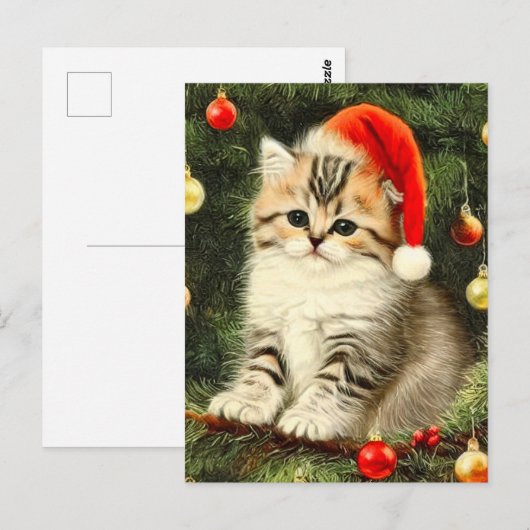 Vintage Kerstmis Kitten Briefkaart (Voorkant / Achterkant)