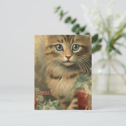 Vintage Kerstmis Kitten Briefkaart (Staand voorkant)
