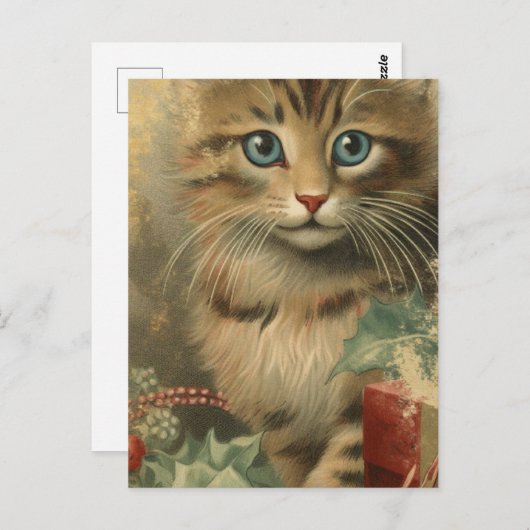 Vintage Kerstmis Kitten Briefkaart (Voorkant / Achterkant)