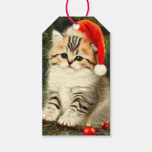 Vintage Kerstmis Kitten Cadeaulabel (Voorkant)