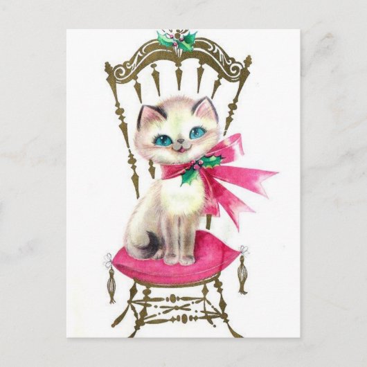 Vintage Kerstmis Kitten Feestdagenkaart (Voorkant)