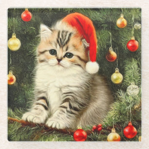 Vintage Kerstmis Kitten Glazen Onderzetter
