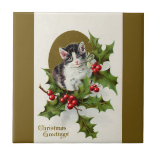 Vintage kerstmis Kitten Gold-keramische Tegel Tegeltje