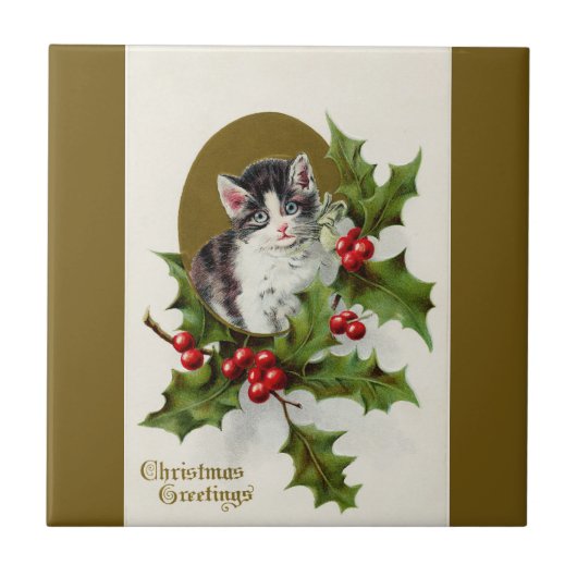 Vintage kerstmis Kitten Gold-keramische Tegel Tegeltje (Voorkant)