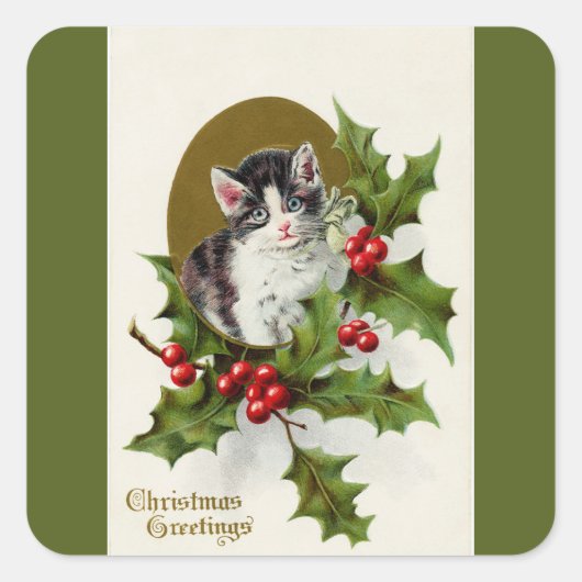 Vintage Kerstmis Kitten Green Square Sticker (Voorkant)