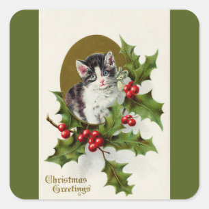 Vintage Kerstmis Kitten Green Square Sticker