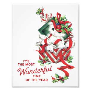 Vintage Kerstmis Kitten in een Cadeau Wall Art Foto Afdruk
