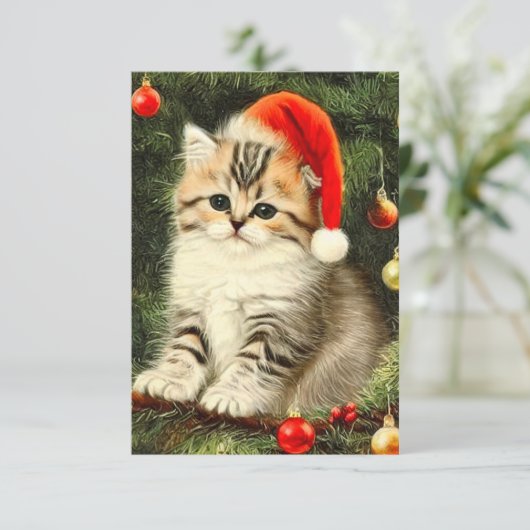 Vintage Kerstmis Kitten Informatiekaartje (Staand voorkant)