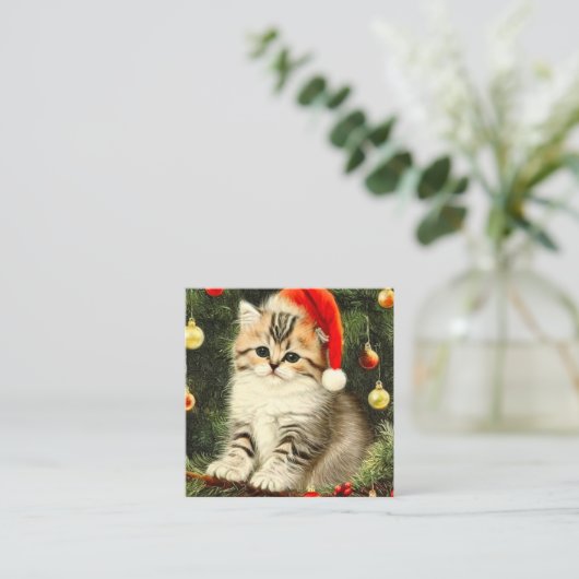 Vintage Kerstmis Kitten Informatiekaartje (Staand voorkant)