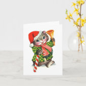 Vintage Kerstmis Kitten Kaart (Gele Bloem)