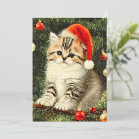 Vintage Kerstmis Kitten Kaart (Staand voorkant)