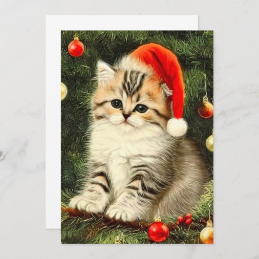 Vintage Kerstmis Kitten Kaart (Voorkant / Achterkant)