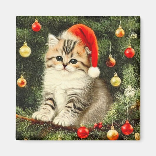 Vintage Kerstmis Kitten Magneet (Voorkant)