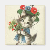 Vintage Kerstmis Kitten Magneet (Voorkant)