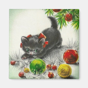 Vintage Kerstmis Kitten Magneet